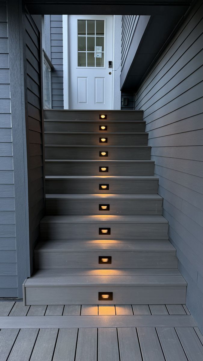 Recessed LED step lights set into composite exterior stairs